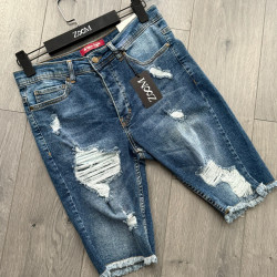 DARK BLUE BERMUDA JEANS WITH MANY RIPS