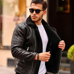 Δερμάτινο Μπουφάν Με Μαύρη Γούνα