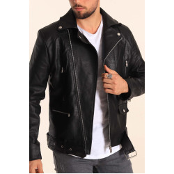 Black Fur Inside Cross Collar Leather Jacket with Belt Detail