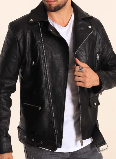 Black Fur Inside Cross Collar Leather Jacket with Belt Detail
