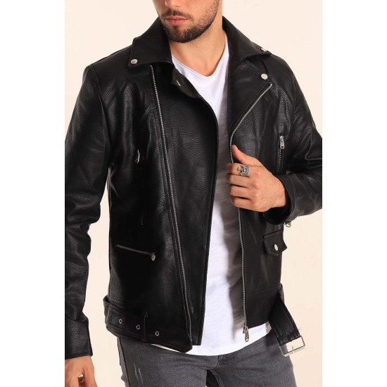 Black Fur Inside Cross Collar Leather Jacket with Belt Detail