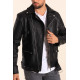 Black Fur Inside Cross Collar Leather Jacket with Belt Detail