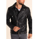 Black Fur Inside Cross Collar Leather Jacket with Belt Detail