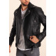 Black Fur Inside Cross Collar Leather Jacket with Belt Detail