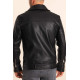 Black Fur Inside Cross Collar Leather Jacket with Belt Detail