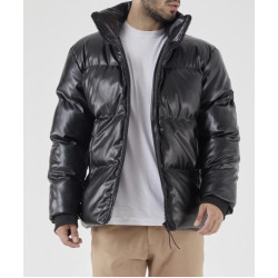 BLACK PUFFY JACKET WITH LEATHER TEXTURE