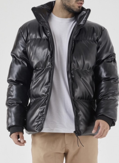 BLACK PUFFY JACKET WITH LEATHER TEXTURE