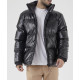 BLACK PUFFY JACKET WITH LEATHER TEXTURE