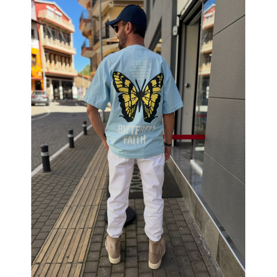 SHORT SLEEVE T-SHIRT WITH YELLOW BUTTERFLY ON BLUE