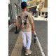 SHORT SLEEVE T-SHIRT IN BLUE WITH BUTTERFLY DESIGN IN BEIGE