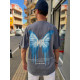 SHORT SLEEVE T-SHIRT IN BLUE WITH BUTTERFLY DESIGN IN GREY