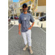 SHORT SLEEVE T-SHIRT IN BLUE WITH BUTTERFLY DESIGN IN GREY