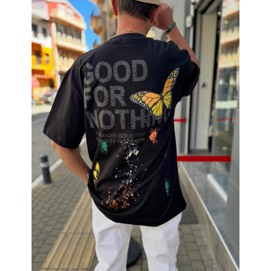 SHORT SLEEVE T-SHIRT IN BLUE WITH BUTTERFLY IN BLACK