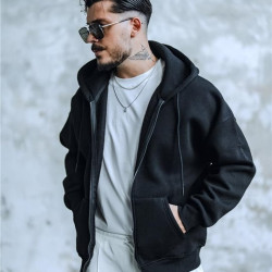 SWEATSHIRT WITH ZIPPER AND HOOD - BLACK