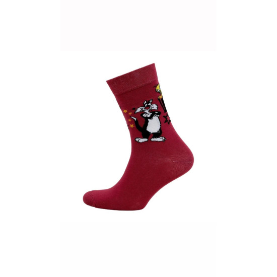 UNISEX SOCKS WITH 'CAT AND BIRD' DESIGN BURGUNDY