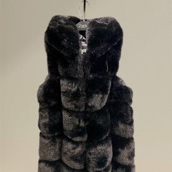 SLEEVELESS FUR COAT WITH HOOD IN BLACK
