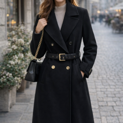 Elegant long coat with buttons and belt in gold - black