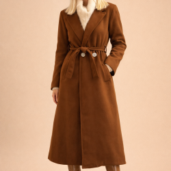 Elegant long coat with buttons and belt - taba