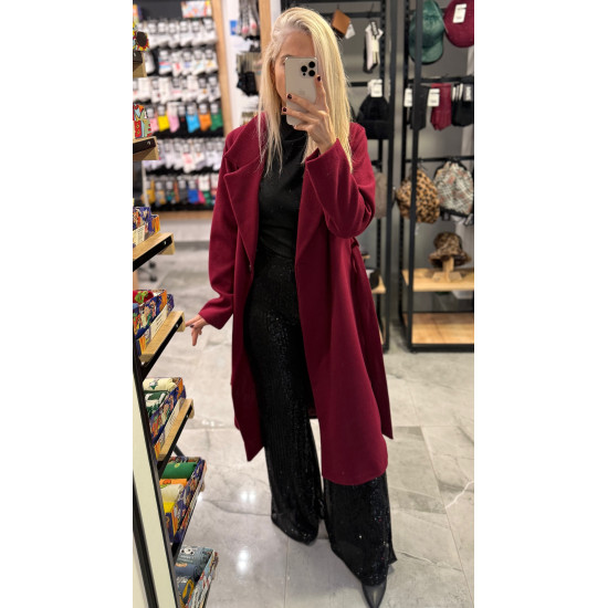 LONG OVERSIZE COAT WITH BELT IN BURGUNDY