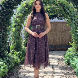 BROWN DRESS WITH POLKA DOT AND BELT