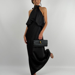 Black satin maxi dress with a balloon effect