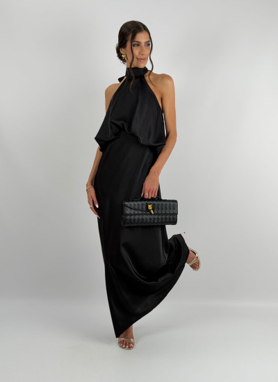 Black satin maxi dress with a balloon effect