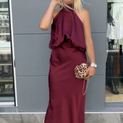 Bordeaux satin maxi dress with balloon effect