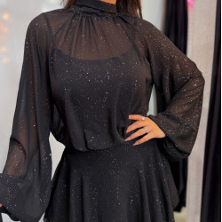 Dress with Glitter and see through sleeves with elastic /Black /Brown