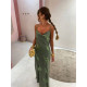 MIDI DRESS WITH ADJUSTABLE STRAPS AND BIRDS - KHAKI