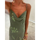 MIDI DRESS WITH ADJUSTABLE STRAPS AND BIRDS - KHAKI