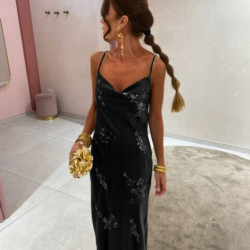 MIDI DRESS WITH ADJUSTABLE STRAPS AND BIRDS - BLACK