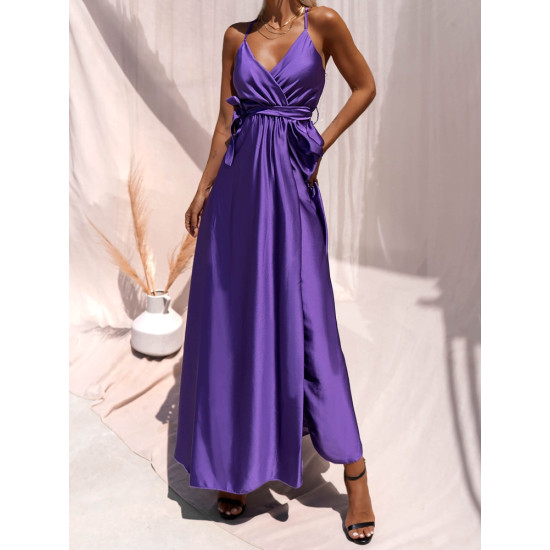 SATIN LONG DRESS WITH TIE - PURPLE