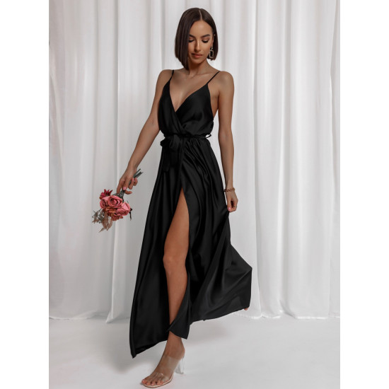 SATIN LONG DRESS WITH TIE - BLACK