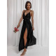SATIN LONG DRESS WITH TIE - BLACK