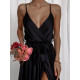 SATIN LONG DRESS WITH TIE - BLACK