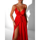 SATIN LONG DRESS WITH TIE - RED