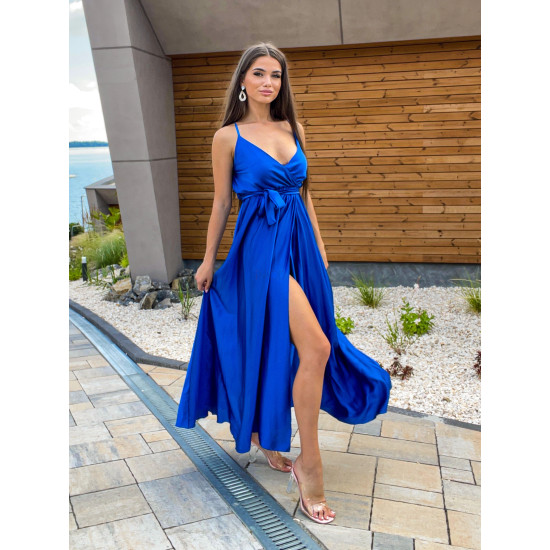 SATIN LONG DRESS WITH TIE - BLUE