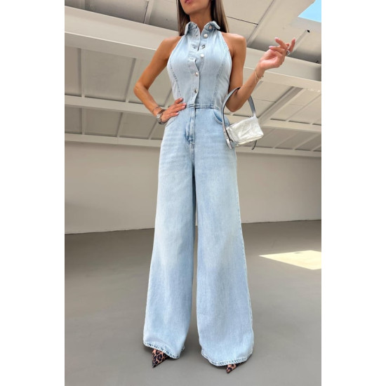 JEANS JUMPSUIT WITH COLLAR AND BACK OPENING