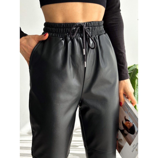 LEATHER PANTS WITH ELASTIC WAIST - BLACK