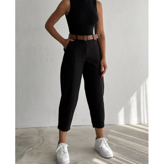 COTTON TROUSERS WITH BELT - BLACK