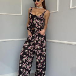 FLORAL PANTS-BLOUSE SET IN BLACK