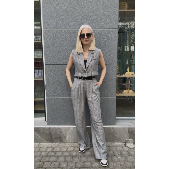 LINEN SET WITH VEST - GREY