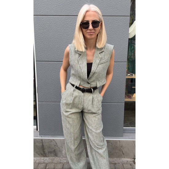 LINEN SET WITH VEST - KHAKI